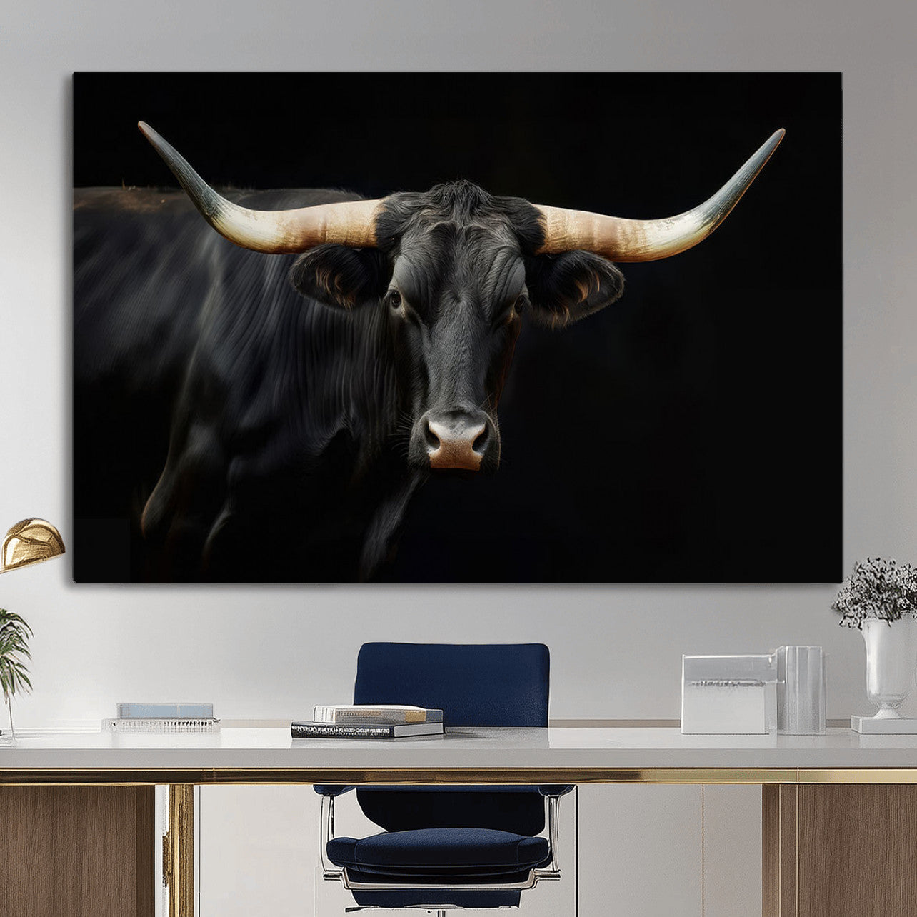 63798-MGV-CV-36X24 - Texas Longhorn Cow | Majestic Black Bull Wall Art Canvas Print - Farmhouse Animal Decor - Ready to