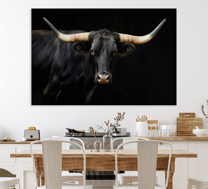 Texas Longhorn Cow | Majestic Black Bull Wall Art Canvas Print - Farmhouse Animal Decor - Ready to Hang