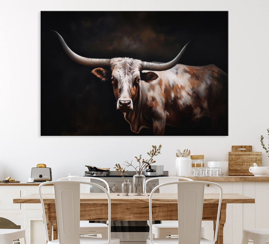 A modern kitchen featuring a Texas Longhorn Wall Art Canvas Print.