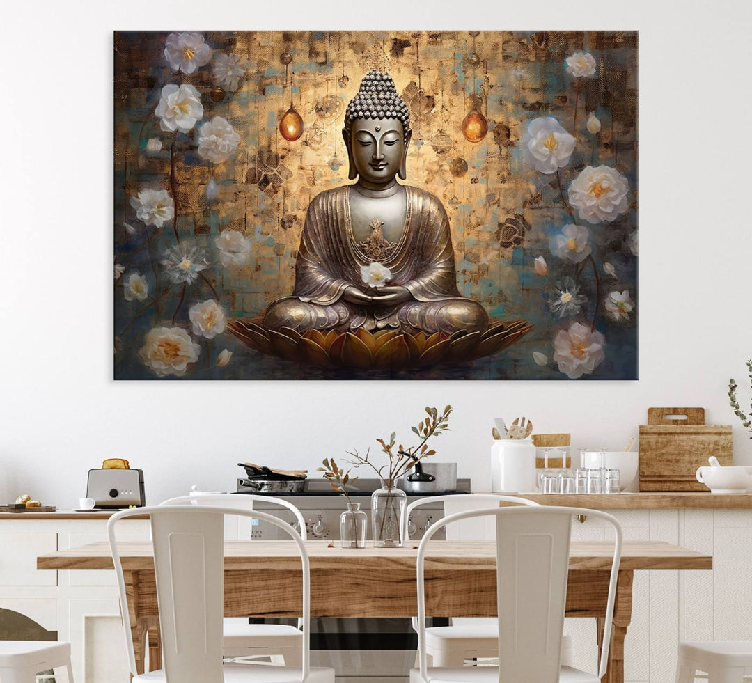 Golden Buddha wall art canvas print on a warm backdrop.