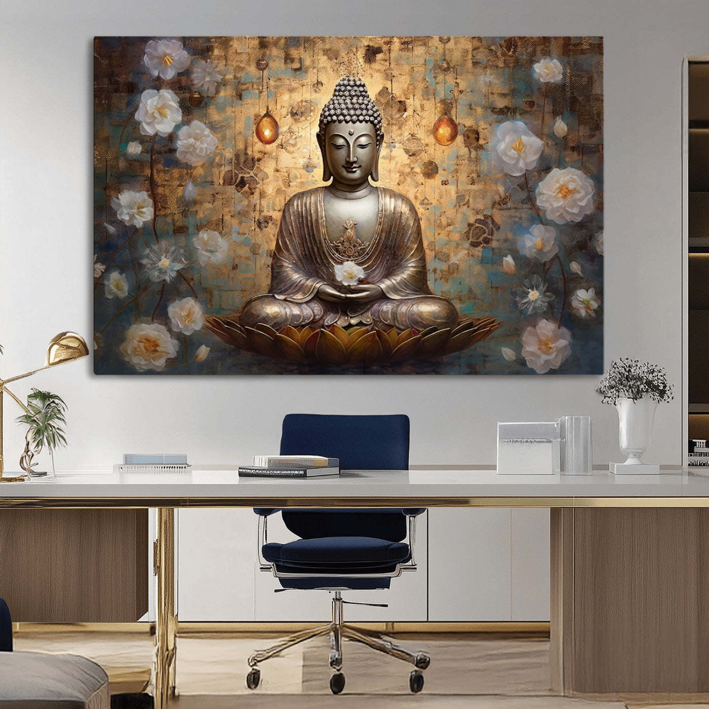 MGV-CV-36X24 - Golden Buddha Wall Art Canvas Print | Zen Meditation Floral Decor | Tranquil Spiritual Home Art |