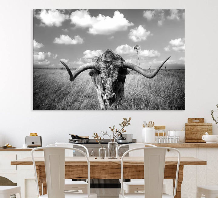 Longhorn Cow Field Canvas Print featuring rustic charm with a windmill backdrop.