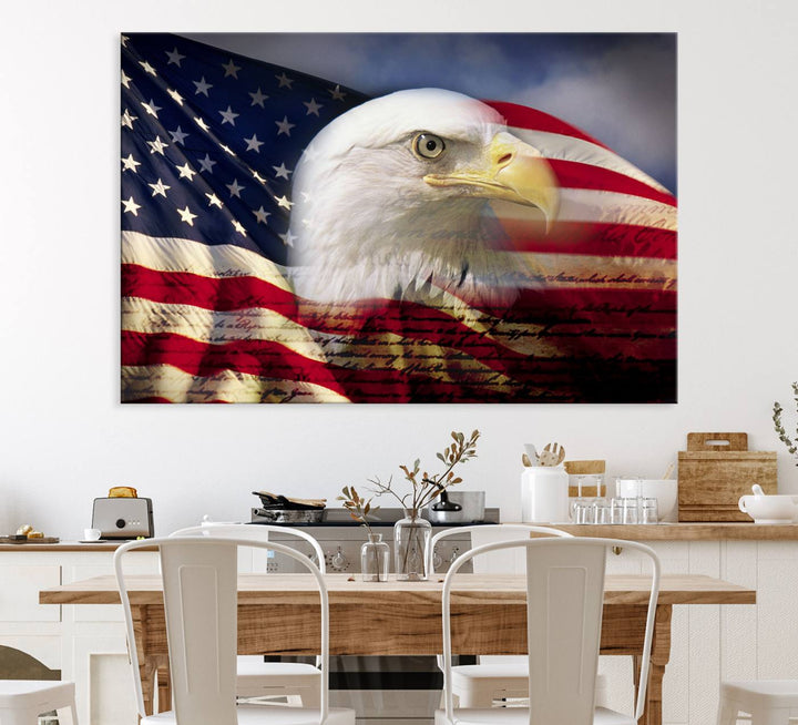 On the wall is an American Flag Eagle Symbol Wall Art Canvas Print.