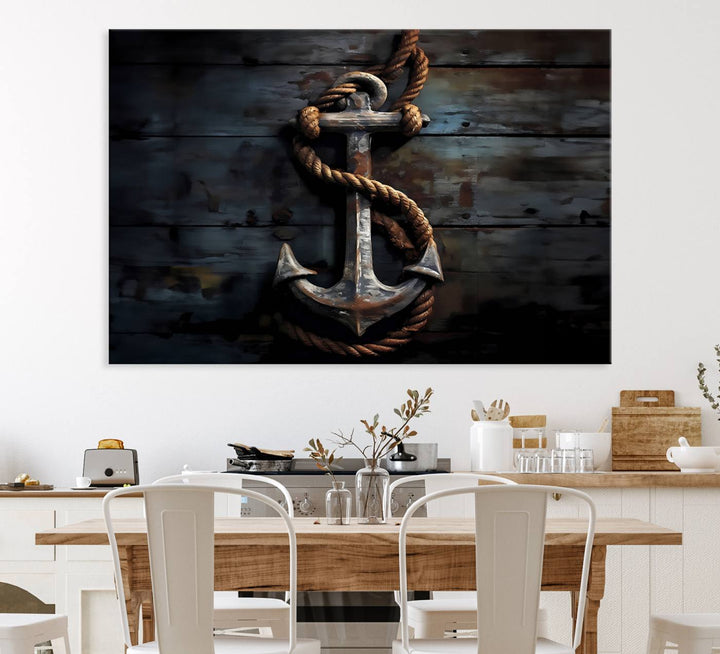 The wooden wall displays a 3 Panel Grunge Abstract Anchor Wall Art Canvas Print Set.