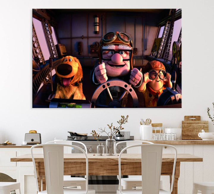 A man, boy, and dog flying a plane are depicted in the Carl Russel & Dog Movie Up wall art.