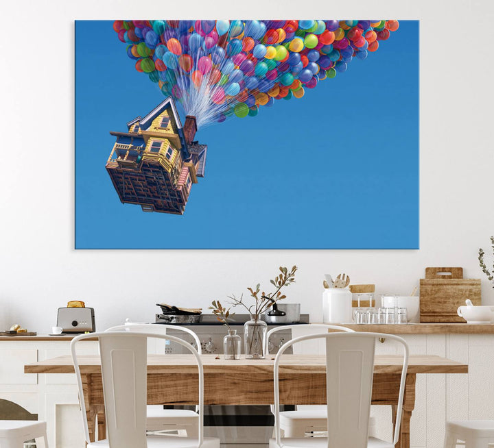 The Up house floats skyward, making it an ideal Carl Fredricksen wall art for kids rooms.