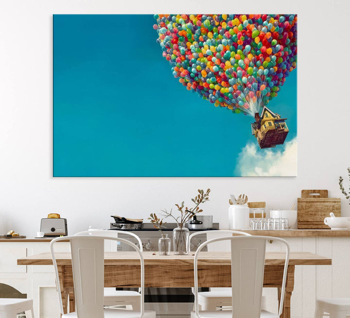 The Carl Fredricksen Up Movie Wall Art, featuring a colorful balloon house, adds vibrant decor to the space.