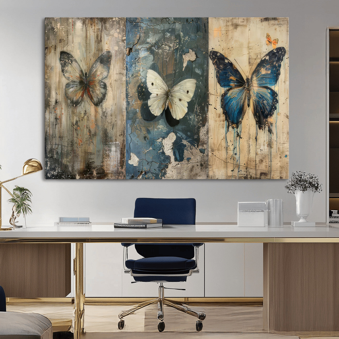 MGV-CV-36X24 - Butterfly Wall Art Trio | Vintage Butterfly Canvas Print | Ready to Hang Framed Artwork for