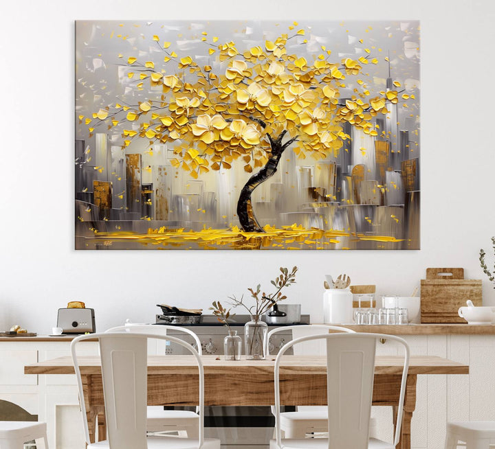 Golden Tree Canvas Print: Abstract wall art featuring golden leaves over a cityscape, ideal for modern homes. Ready to hang.