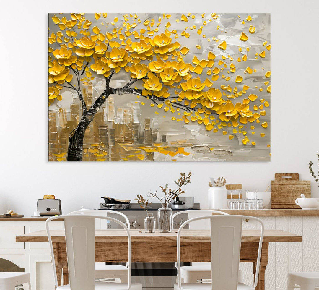 The living room showcases a Yellow Blossom Tree Canvas Wall Art, modern and floral.