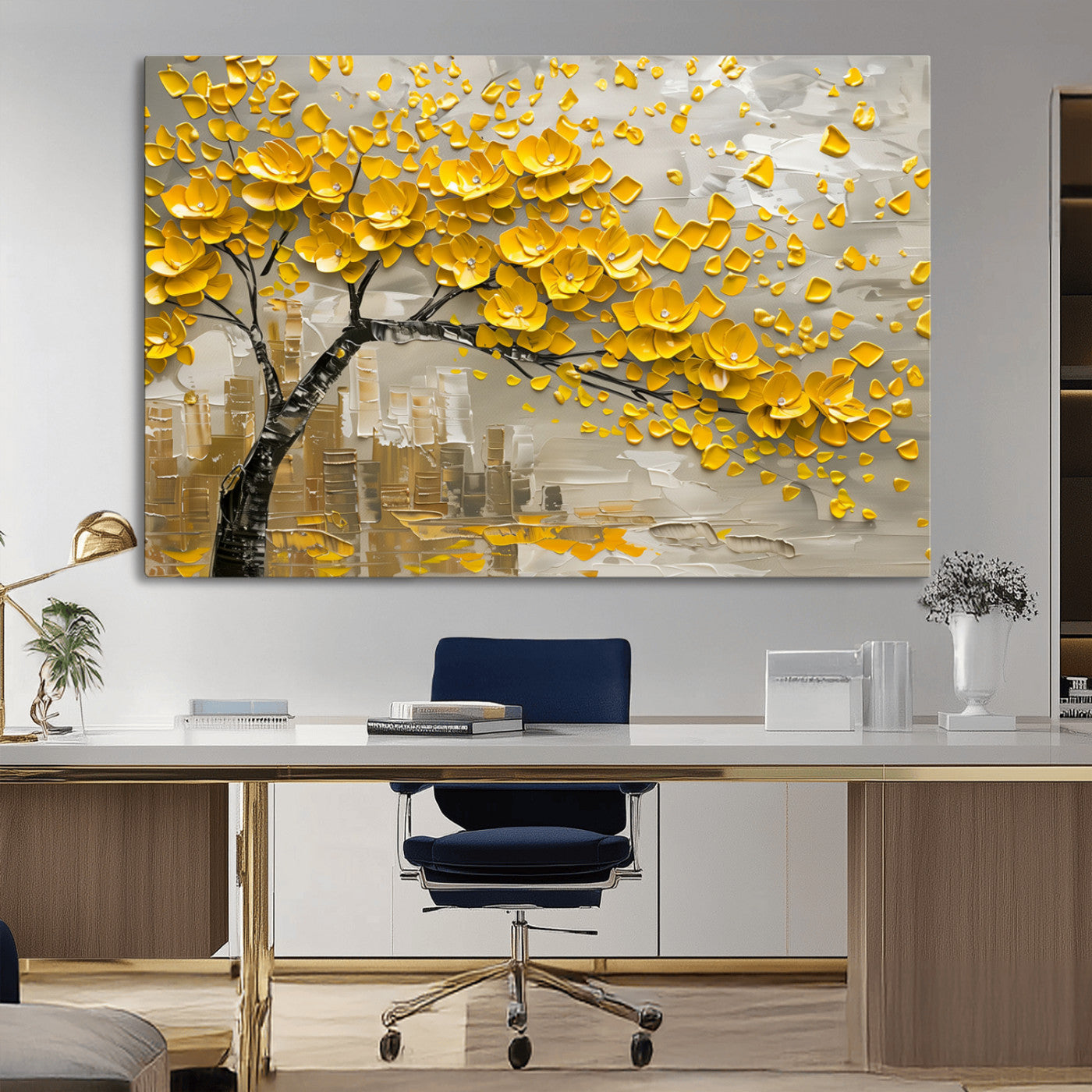 MGV-CV-36X24 - Yellow Blossom Tree Canvas Wall Art - Floral Abstract Modern Contemporary Artwork for Living Room or