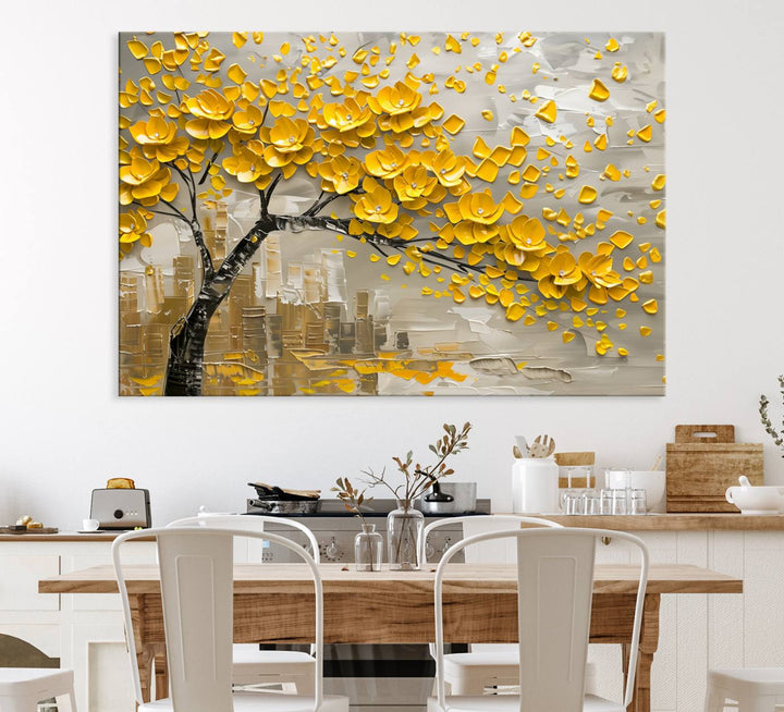 The living room showcases a Yellow Blossom Tree Canvas Wall Art, modern and floral.