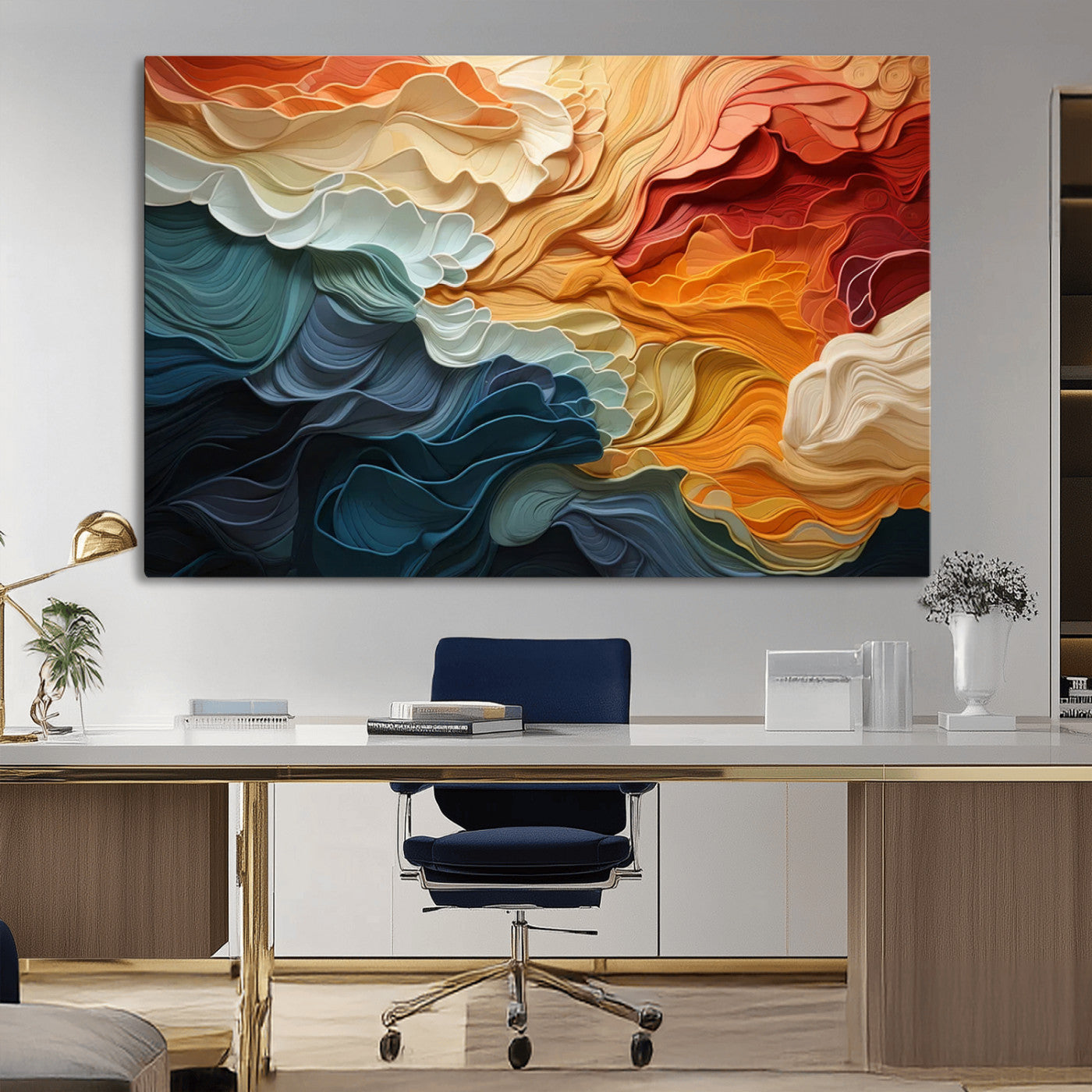 MGV-CV-36X24 - Blue Orange Abstract Wave Wall Art Canvas Print, Framed Blue Orange Wave Wall Art