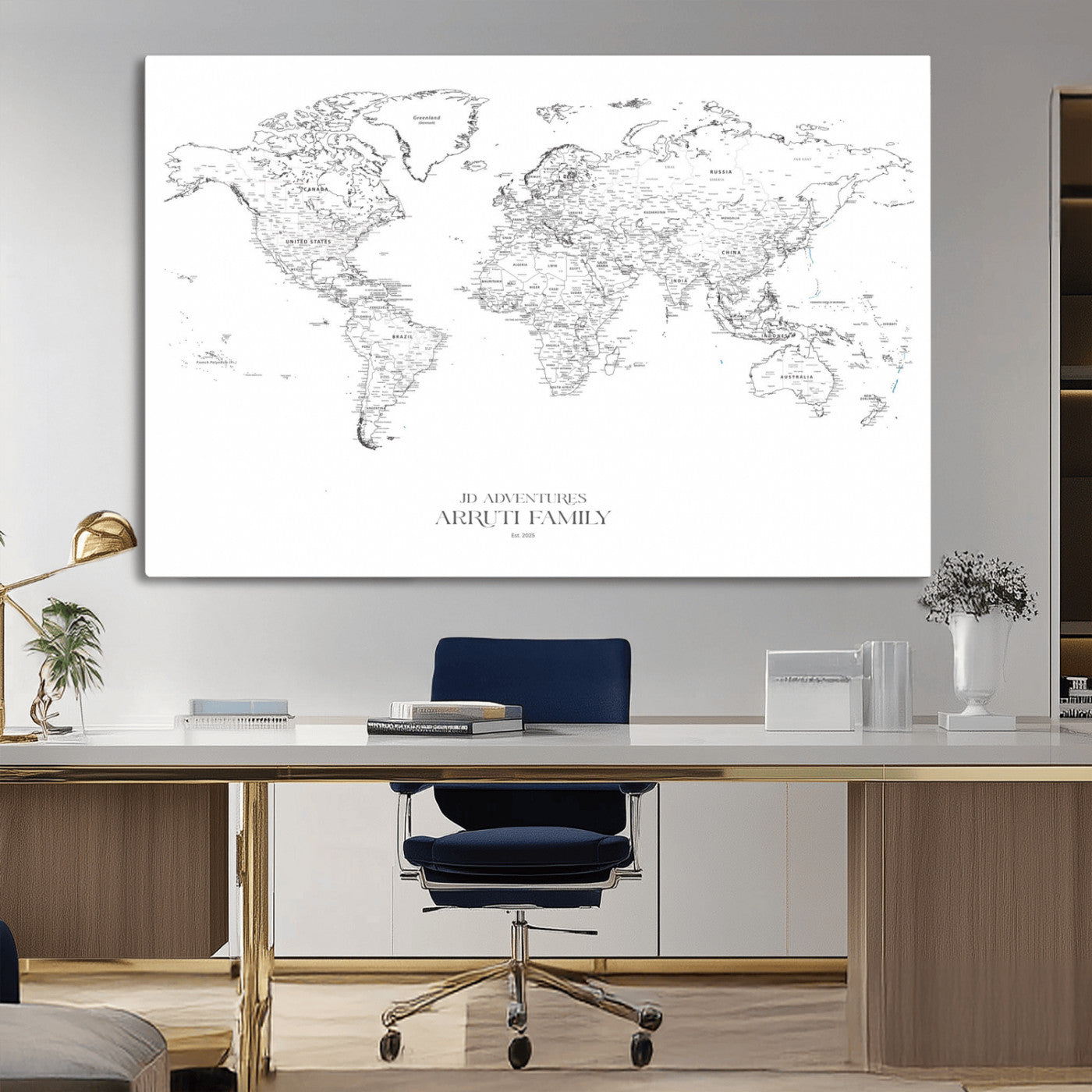 MGV-CV-36X24 - Custom World Map Wall Art – Personalized Framed Canvas Print with Push Pins for Travel Tracking,