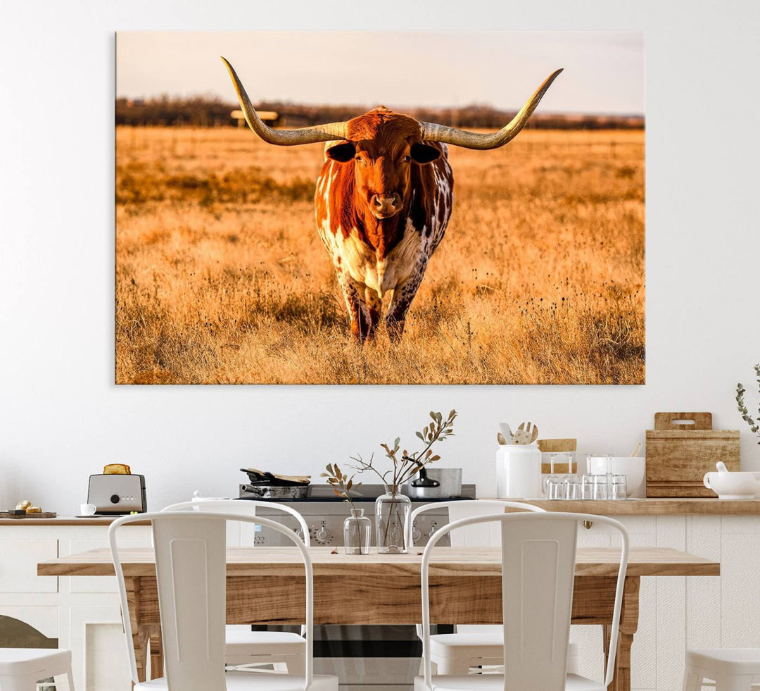 The Longhorn Cow Wall Art framed canvas brings rustic charm and farmhouse decor with its warm field scene.