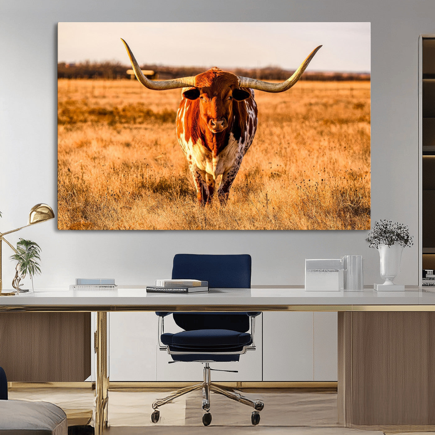MGV-CV-36X24 - Longhorn Cow Wall Art | Ready to Hang Framed Canvas Print for Farmhouse and Barn Decor