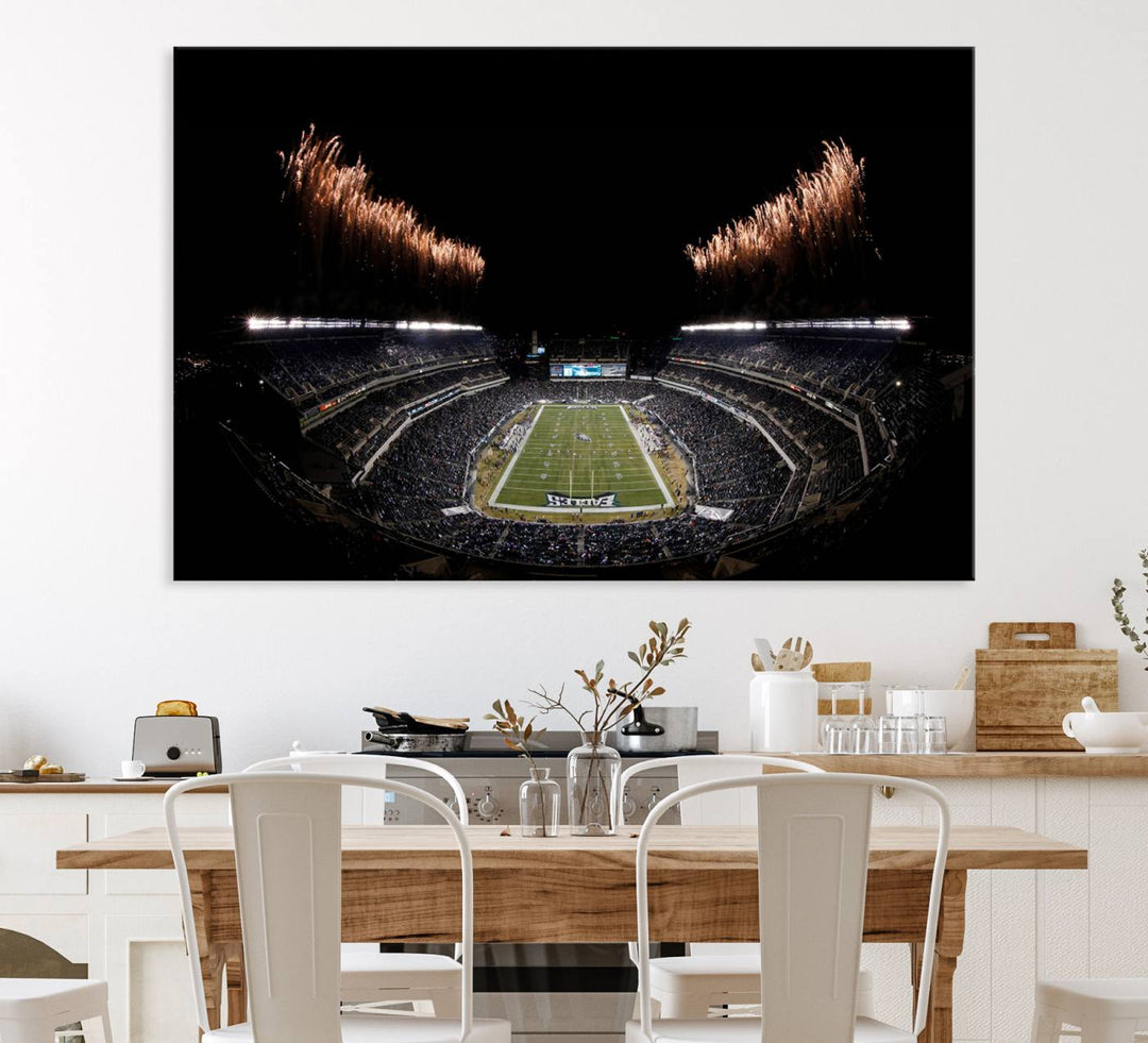 Eagles Stadium Wall Art depicting a nighttime game and fireworks at Lincoln Financial Field.