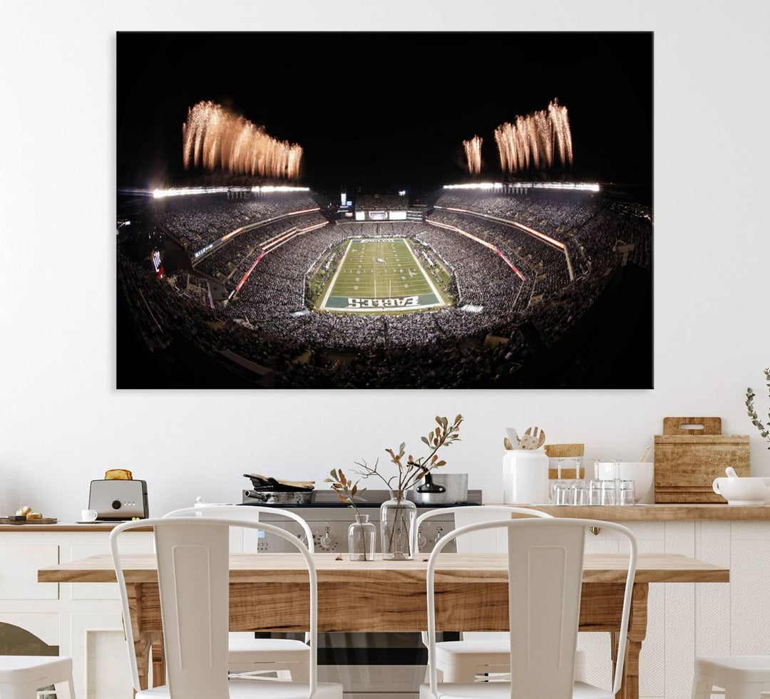 Eagles Field Stadium Wall Art features a depiction of Lincoln Financial Field fireworks.