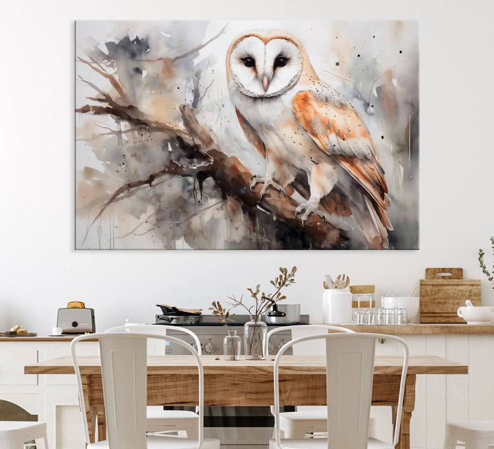 The Barn Owl Wall Art watercolor canvas adds a rustic twist to farmhouse decor.