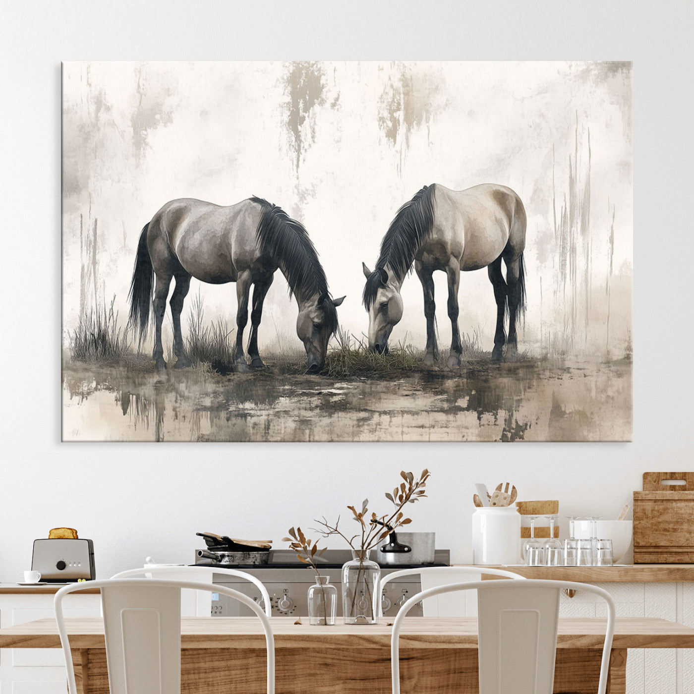 35494-MGV-CV-36X24-Chines Ink Style Vintage Horses Wall Art Canvas Print for Farmhouse Wall Decor