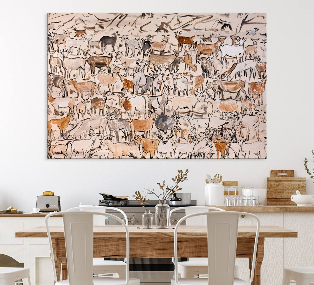 Framed Goat Herd Wall Art in minimal brush strokes on a beige backdrop, ideal for farmhouse or cabin decor.