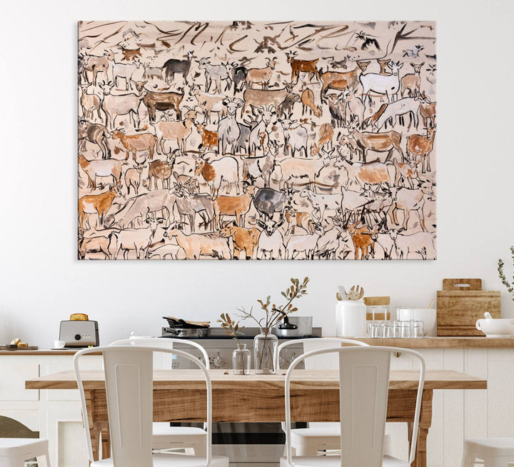 Framed Goat Herd Wall Art in minimal brush strokes on a beige backdrop, ideal for farmhouse or cabin decor.