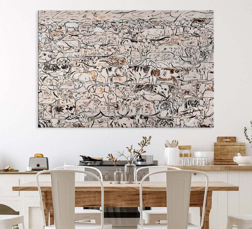 The dining room features a rustic decor highlighted by the Cattle Herd Wall Art.