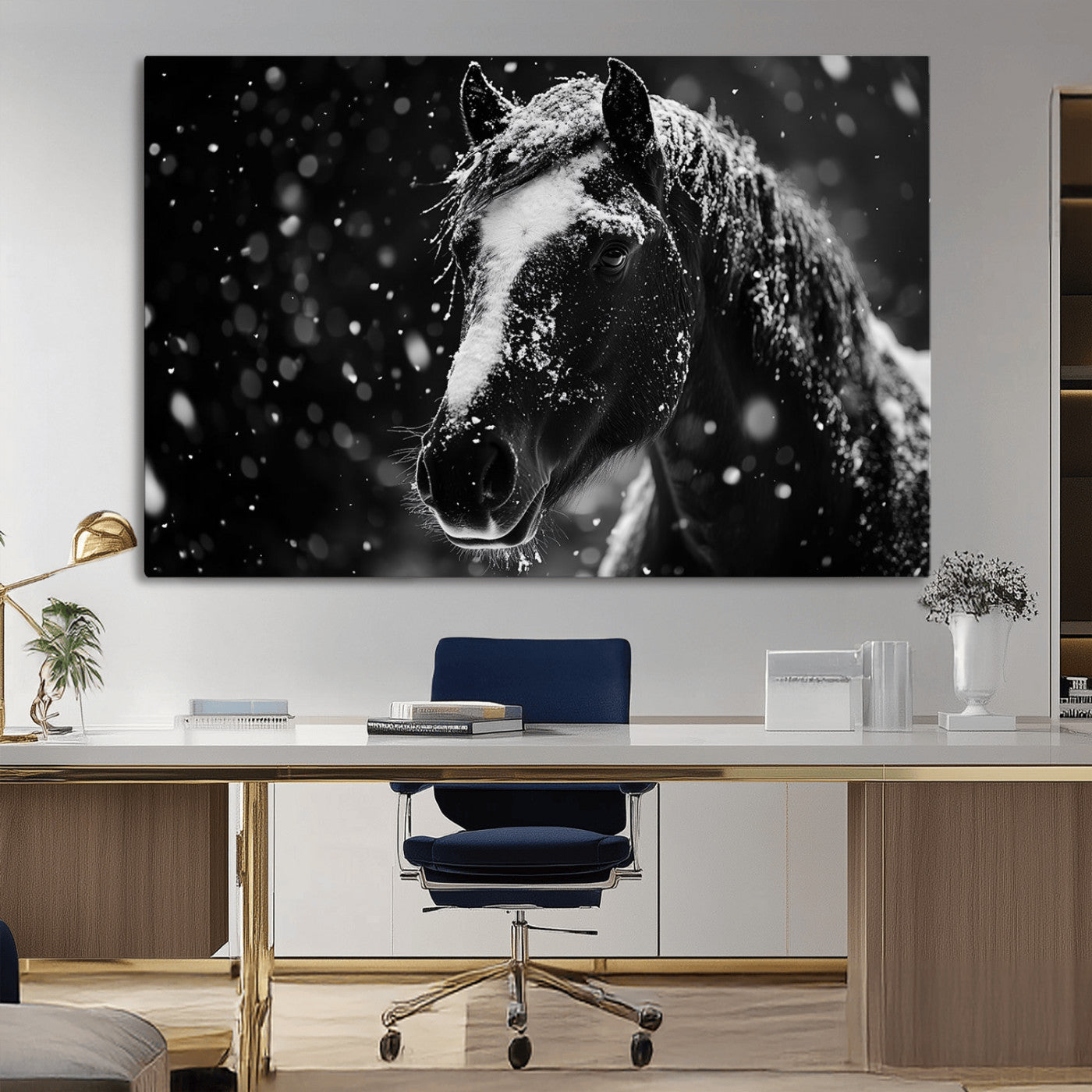 MGV-CV-36X24 - Winter Horse Wall Art | Black and White Horse Print | Ready to Hang and Framed | Farmhouse Wall Art