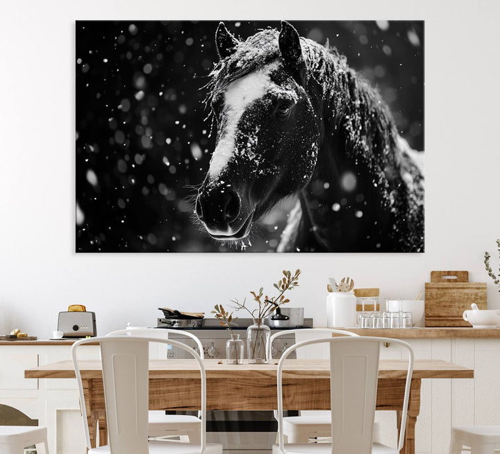 The Winter Horse Wall Art showcases a gentle horse print with snowflakes, ideal for rustic farmhouse or cabin decor.