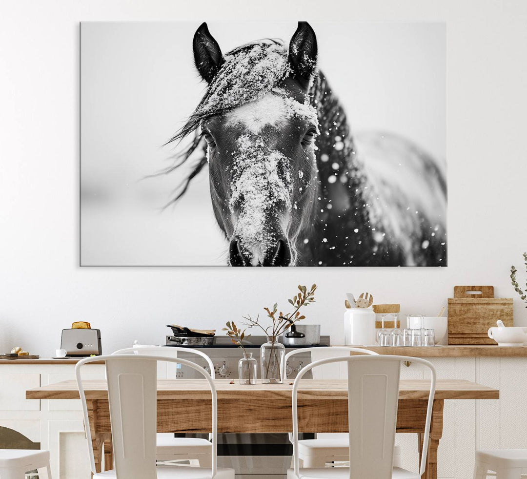 This black and white winter horse wall art enhances any decor; it is ready to hang and framed for a farmhouse or Western style.