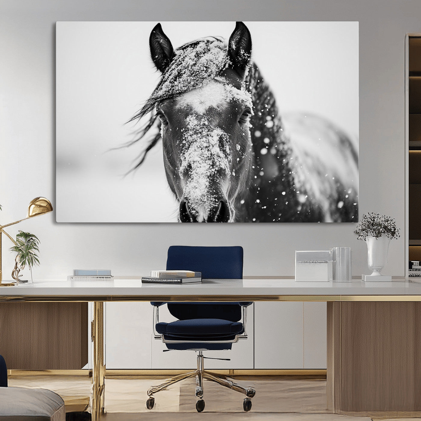 MGV-CV-36X24 - Western Wall Art | Black and White Winter Horse Wall Art | Ready to Hang and Framed | Farmhouse and