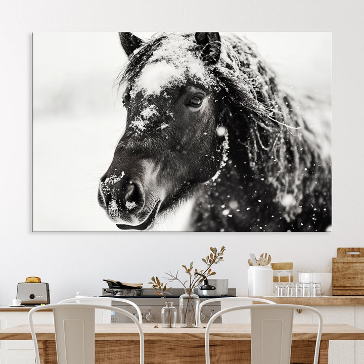 The wall art is a Black and White Horse piece, framed and ready to hang.