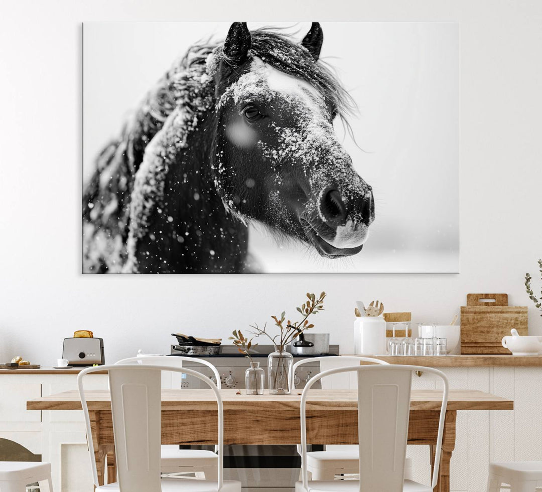 A large 3-panel rustic farmhouse wall art showcases a black and white winter horse canvas print against a snowy backdrop.