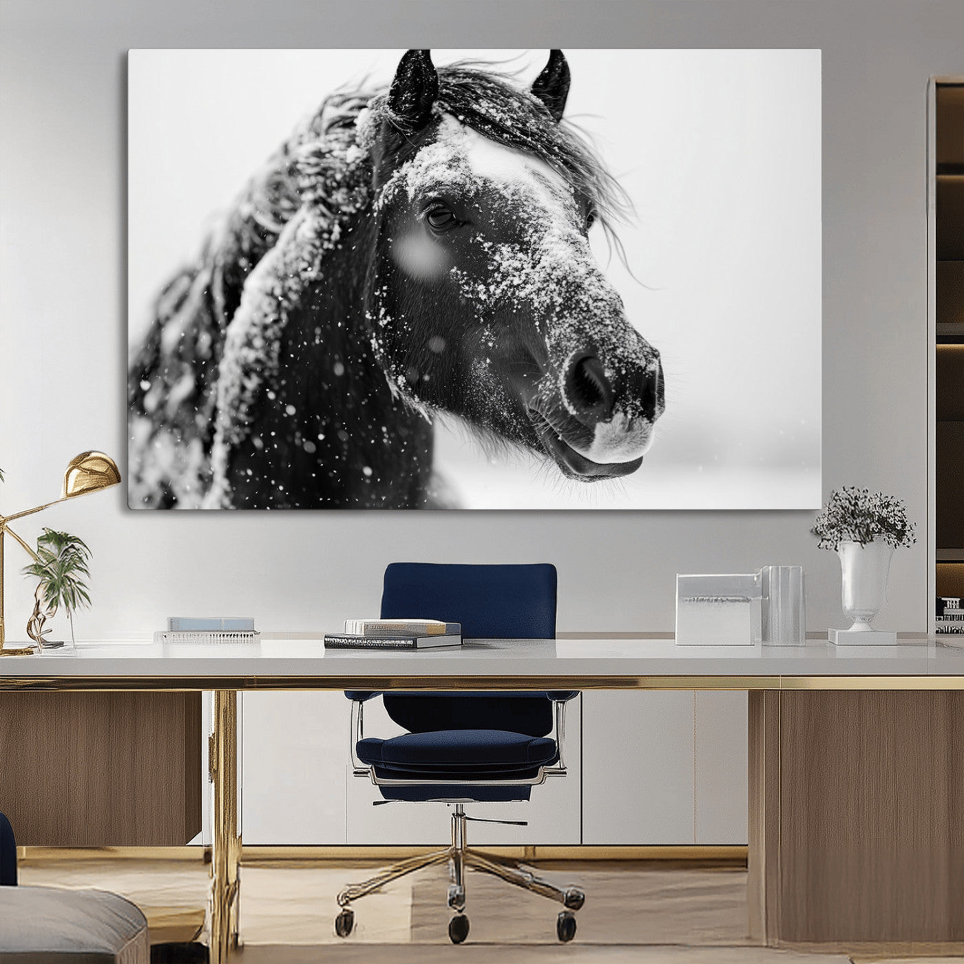 MGV-CV-36X24 - Winter Horse Canvas Print | Large 3-Panel Black White Equine Photography for Rustic Farmhouse Wall