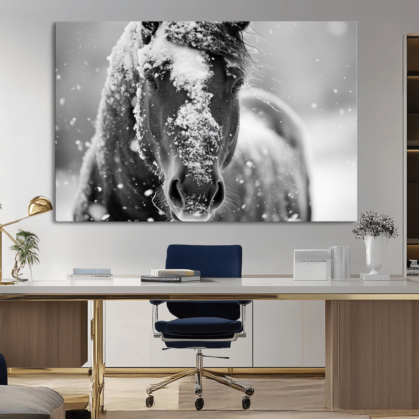 MGV-CV-36X24 - Black and White Horse Winter Wall Art | Ready to Hang and Framed | Farmhouse Wall Decor | Western