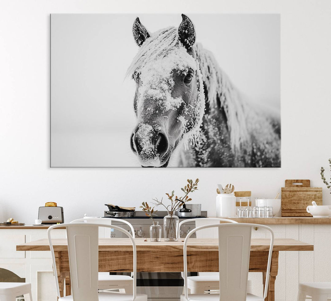 White Horse Wall Art: A black and white photo of a snow-covered horse, framed and ready to hang for farmhouse decor.