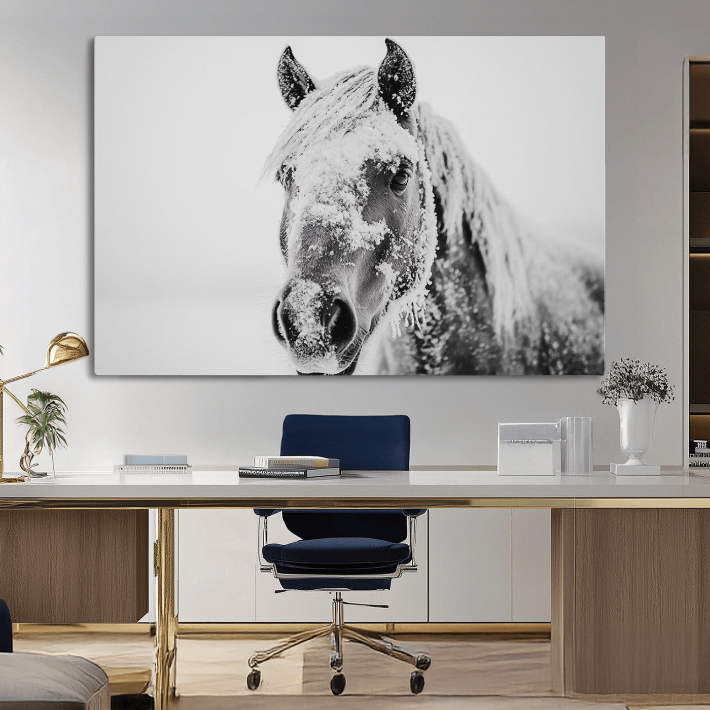 MGV-CV-36X24 - White Horse Wall Art | Ready to Hang and Framed | Winter Horse Wall Art Print for Farmhouse and