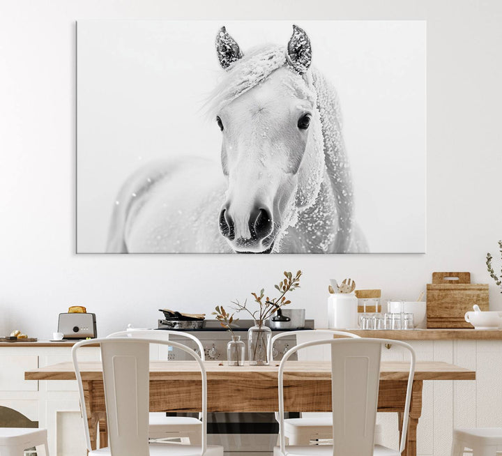 The dining room features the Majestic White Horse Wall Art, adding to its rustic charm.