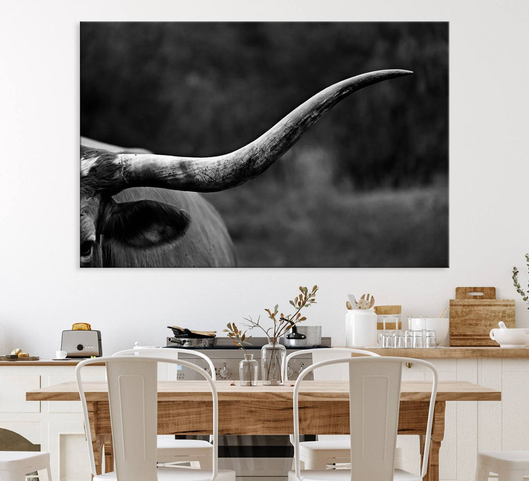 Cow Longhorn Wall Art: This black and white print adds rustic charm.