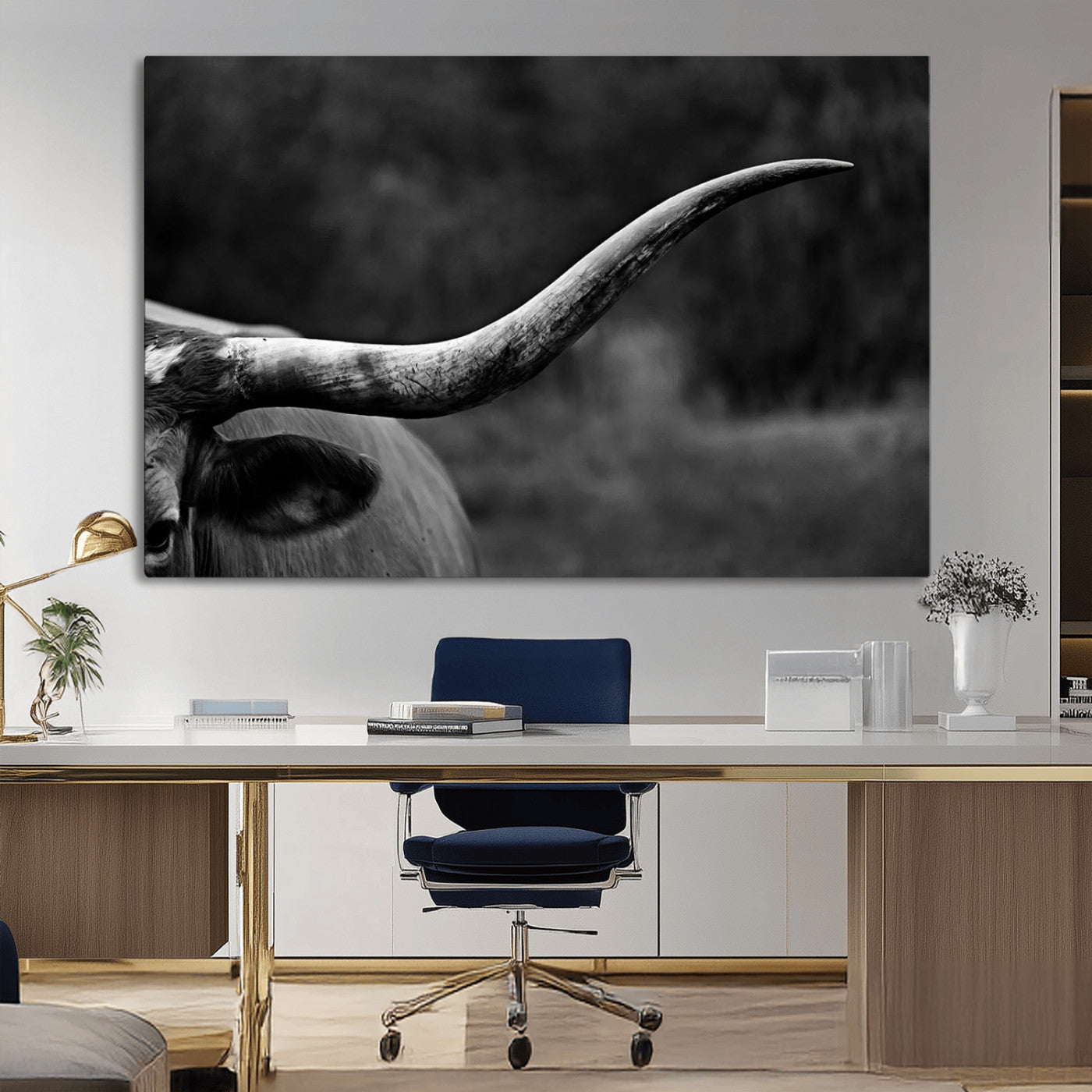 MGV-CV-36X24 - Cow Longhorn Wall Art | Black and White Print | Ready to Hang and Framed | Farmhouse Wall Decor |