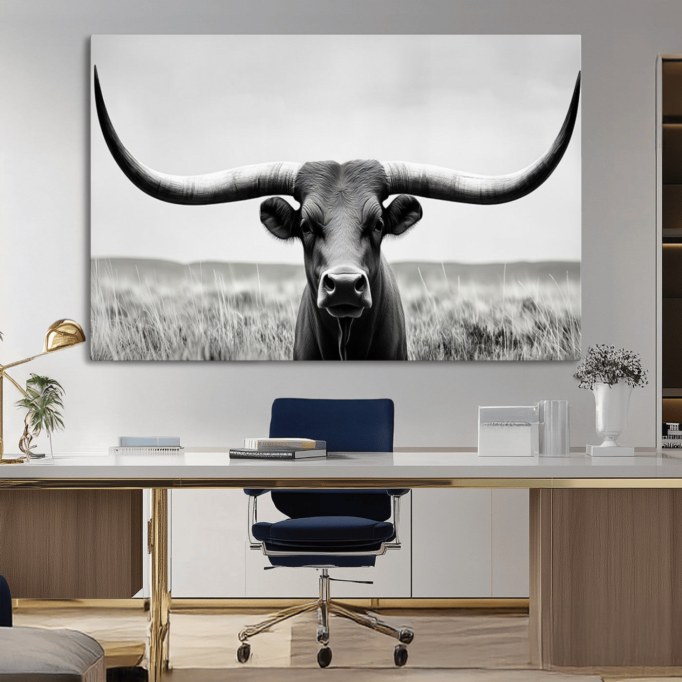 -Longhorn Bull Canvas Print | Rustic Farmhouse Wall Art | Western Decor | Ready to Hang and Framed