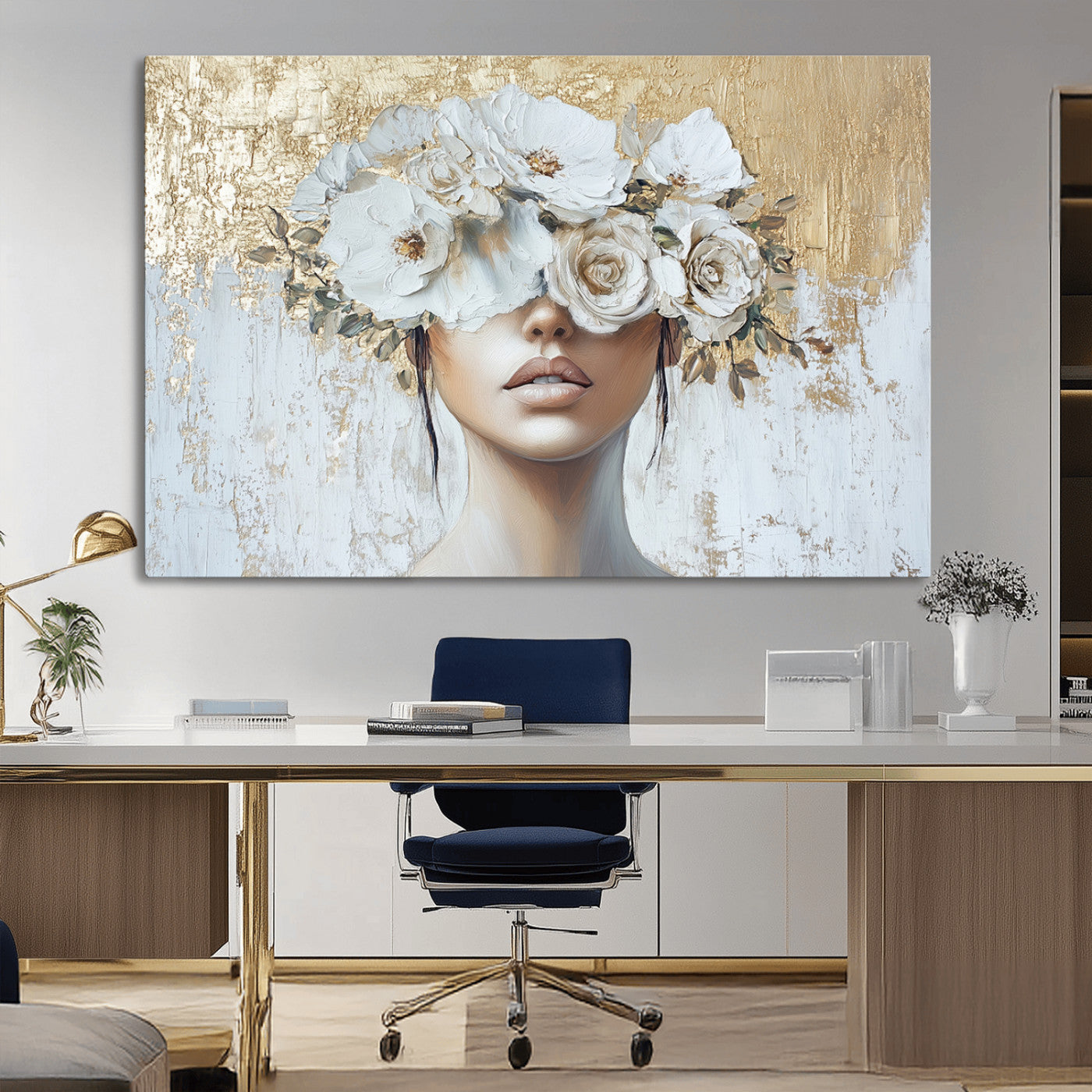 MGV-CV-36X24 - Golden Petal Wall Art - Canvas Print Flower Head Woman Painting Floral Woman Portrait Wall Decor,