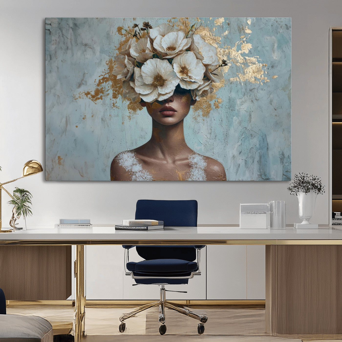 MGV-CV-36X24 - Golden Petal Wall Art - Petal Silhouette Woman Wall Art Canvas Print | Large 3-Panel Canvas with