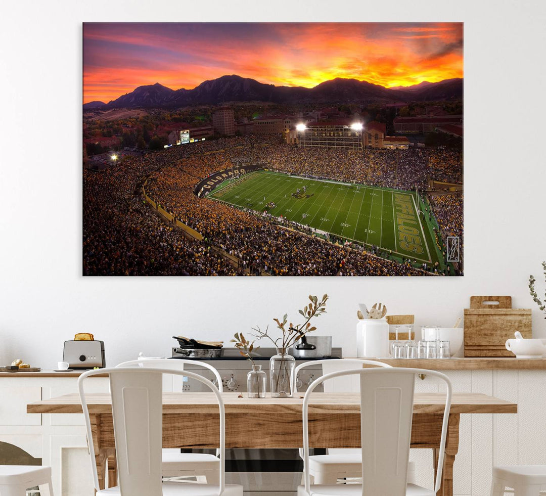 A vibrant mountain sunset at Folsom Field, home of the University of Colorado Football team, is captured in this stunning wall art canvas print.