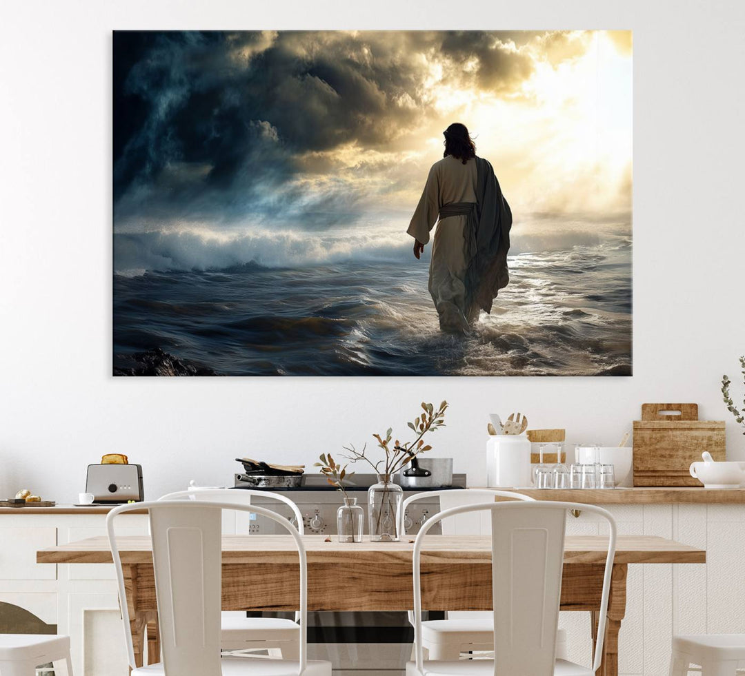 A dramatic sky serves as the backdrop for the Jesus Walking on Water wall art, a perfect piece for Christian home decor.