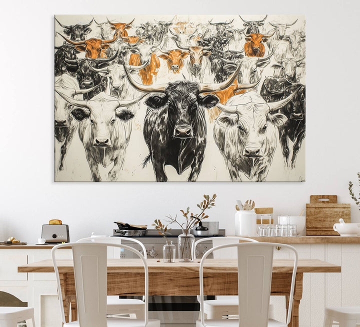 Texas Longhorn Wall Art canvas features cattle artwork with an abstract design, perfect for farmhouse decor on a porch.