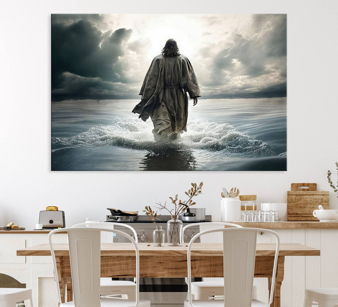 A canvas wall art depicting a figure walking on water beneath dramatic clouds, designed as inspirational religious imagery and ready to hang.