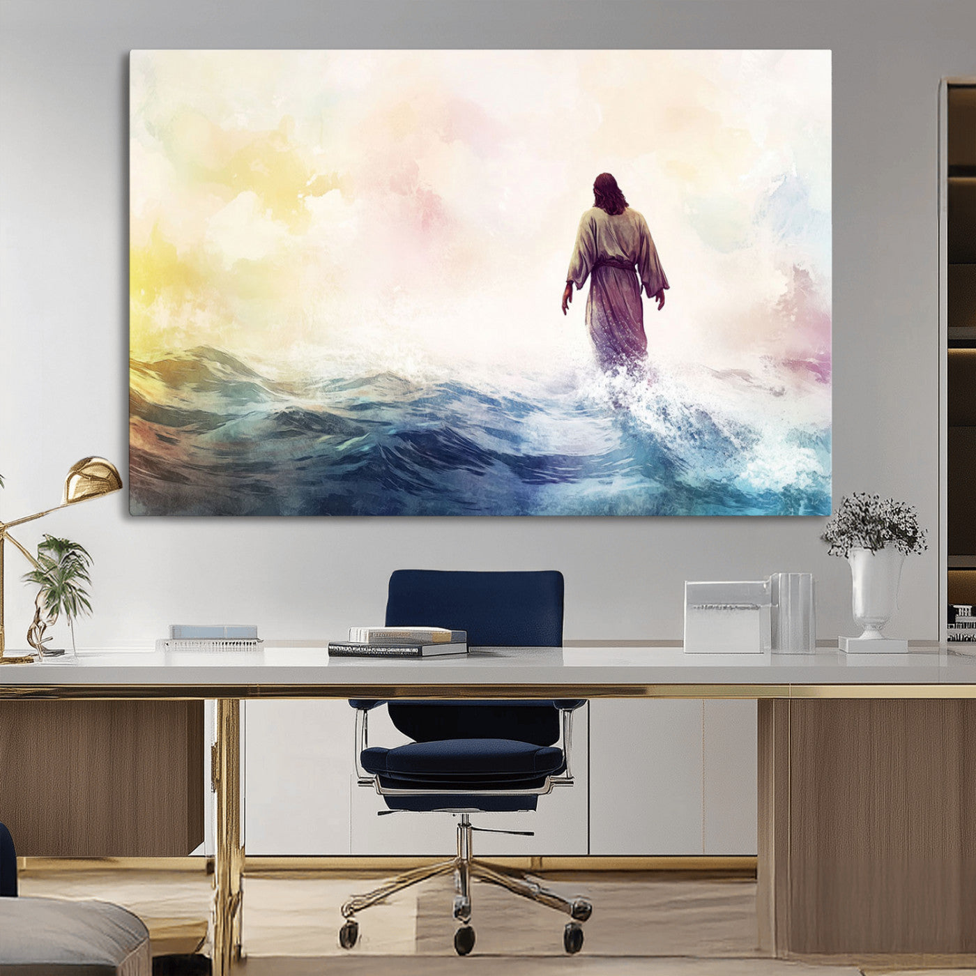 MGV-CV-36X24 - Watercolor Jesus Walking on Water Canvas Print, Christian Wall Art, Jesus Christ Walking