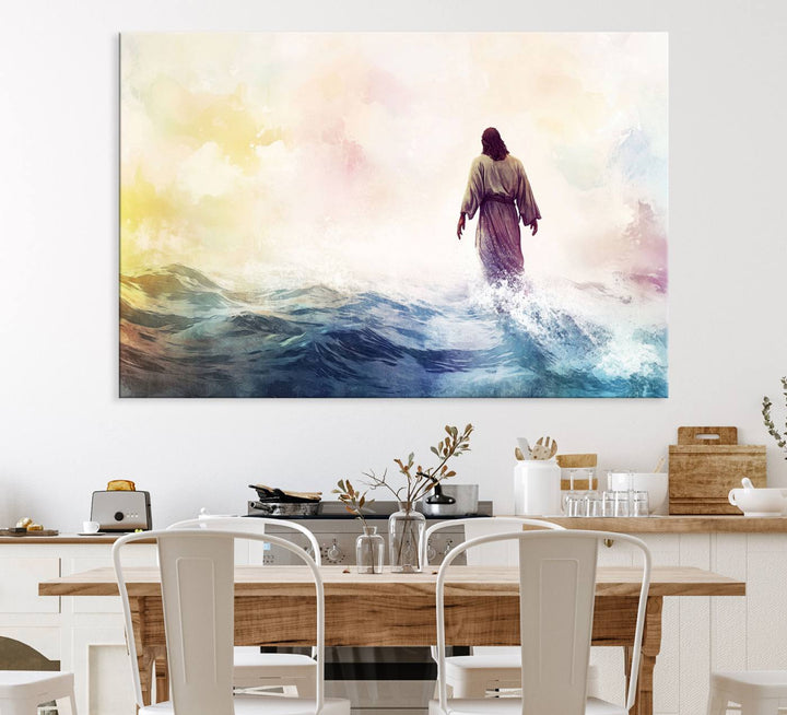 A robed figure strides on water in gentle waves, evoking the Watercolor Jesus Walking on Water canvas art.