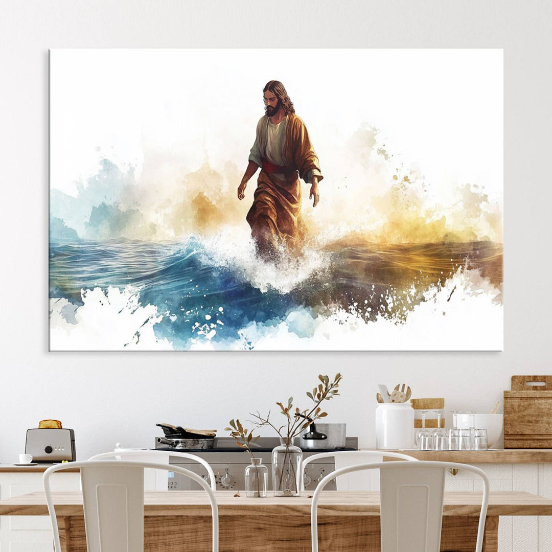 This watercolor canvas print depicts Jesus walking, characterized by abstract splashes against a serene background. It serves as a beautiful piece of Christian wall art.